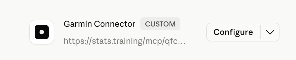 Garmin Connector card in Claude.ai settings showing the personal MCP URL and a Configure button.